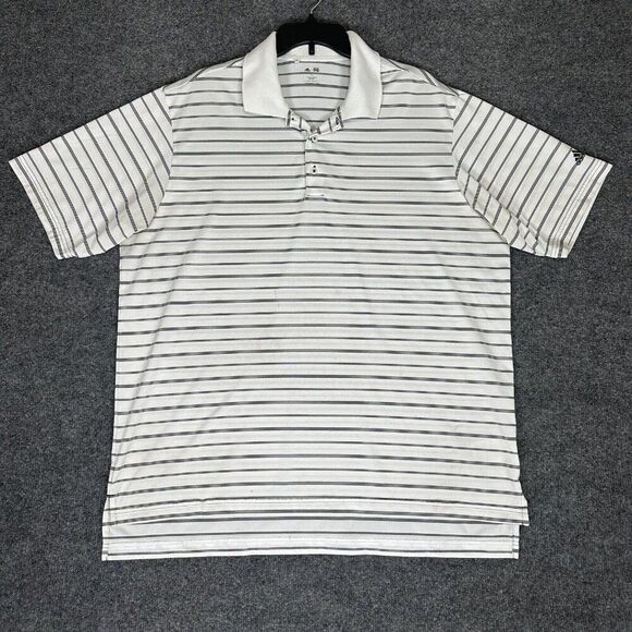 Adidas Polo Shirt Mens XL White Striped Short Sleeve‎ Golf Performance Adult​ - Picture 1 of 8